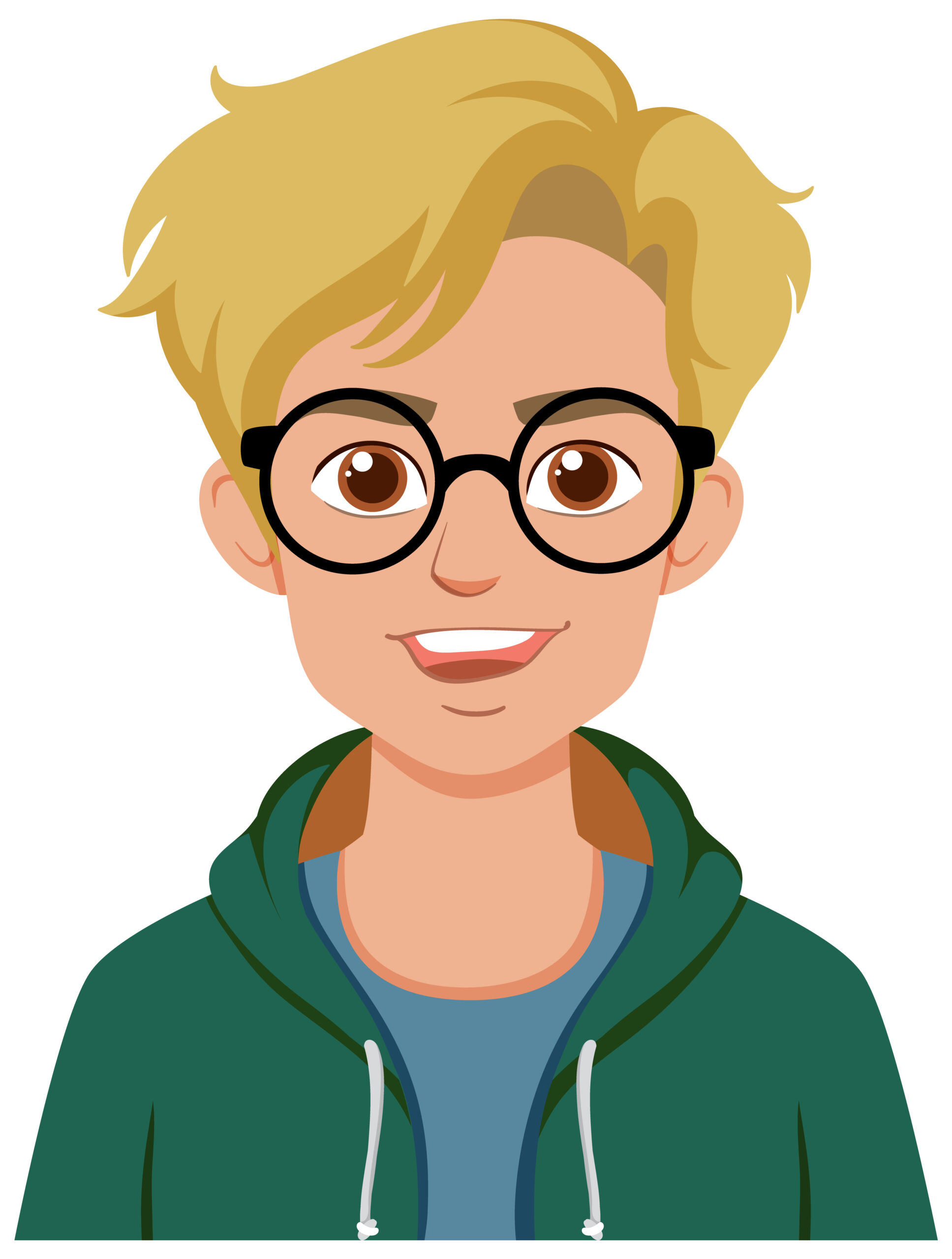 a cartoon of a boy wearing glasses